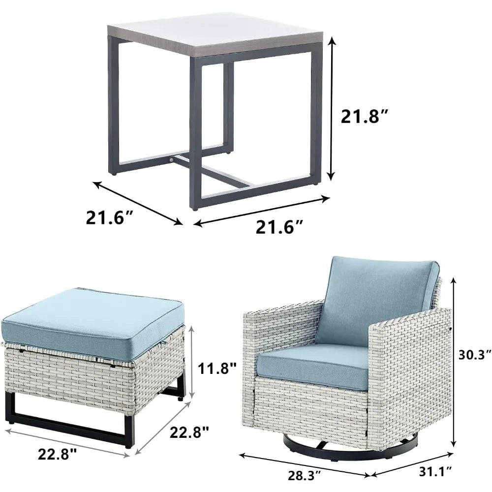 Wicker Outdoor Patio Furniture Set, with 2 Swivel Rocker Chairs,2 Rattan Ottoman and 1 Metal Side Table, 5 Conversation Sets