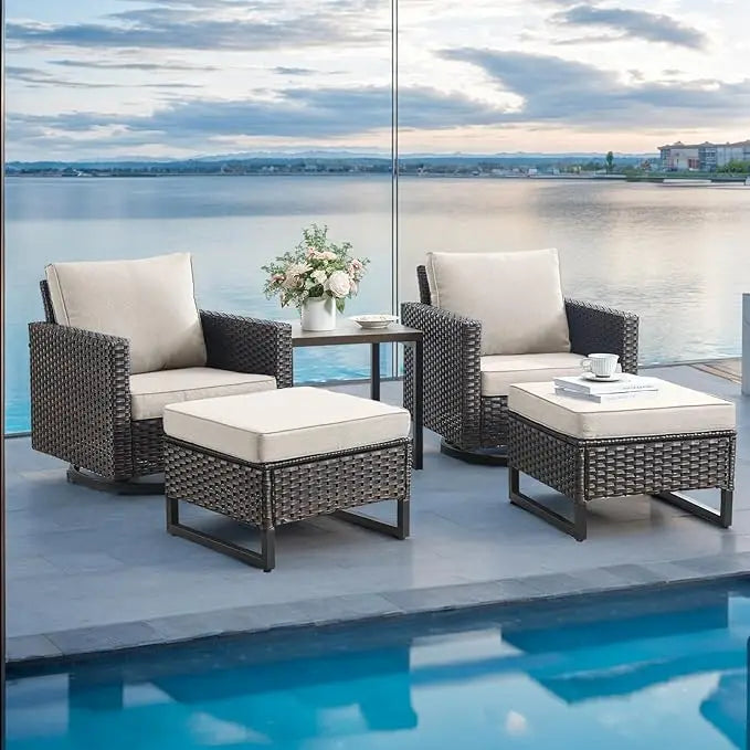 Wicker Outdoor Patio Furniture Set, with 2 Swivel Rocker Chairs,2 Rattan Ottoman and 1 Metal Side Table, 5 Conversation Sets