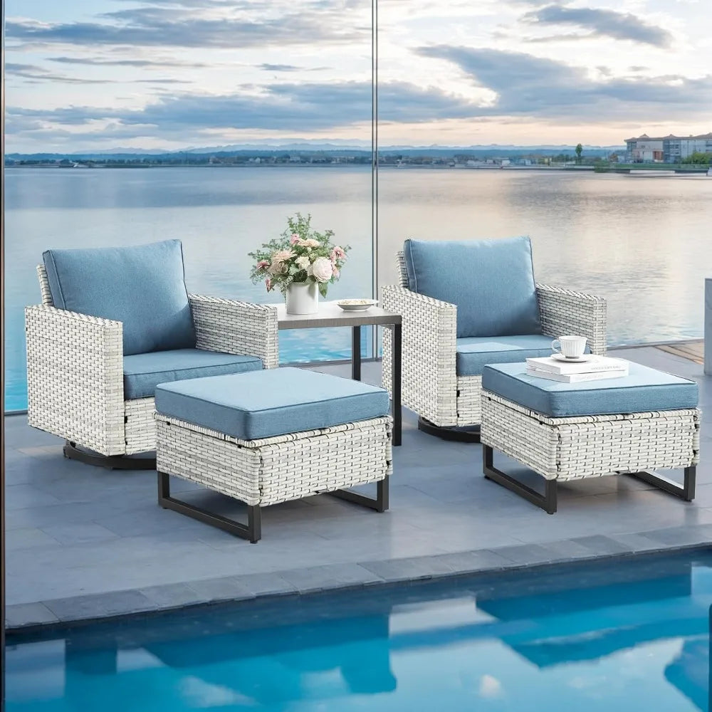 Wicker Outdoor Patio Furniture Set, with 2 Swivel Rocker Chairs,2 Rattan Ottoman and 1 Metal Side Table, 5 Conversation Sets