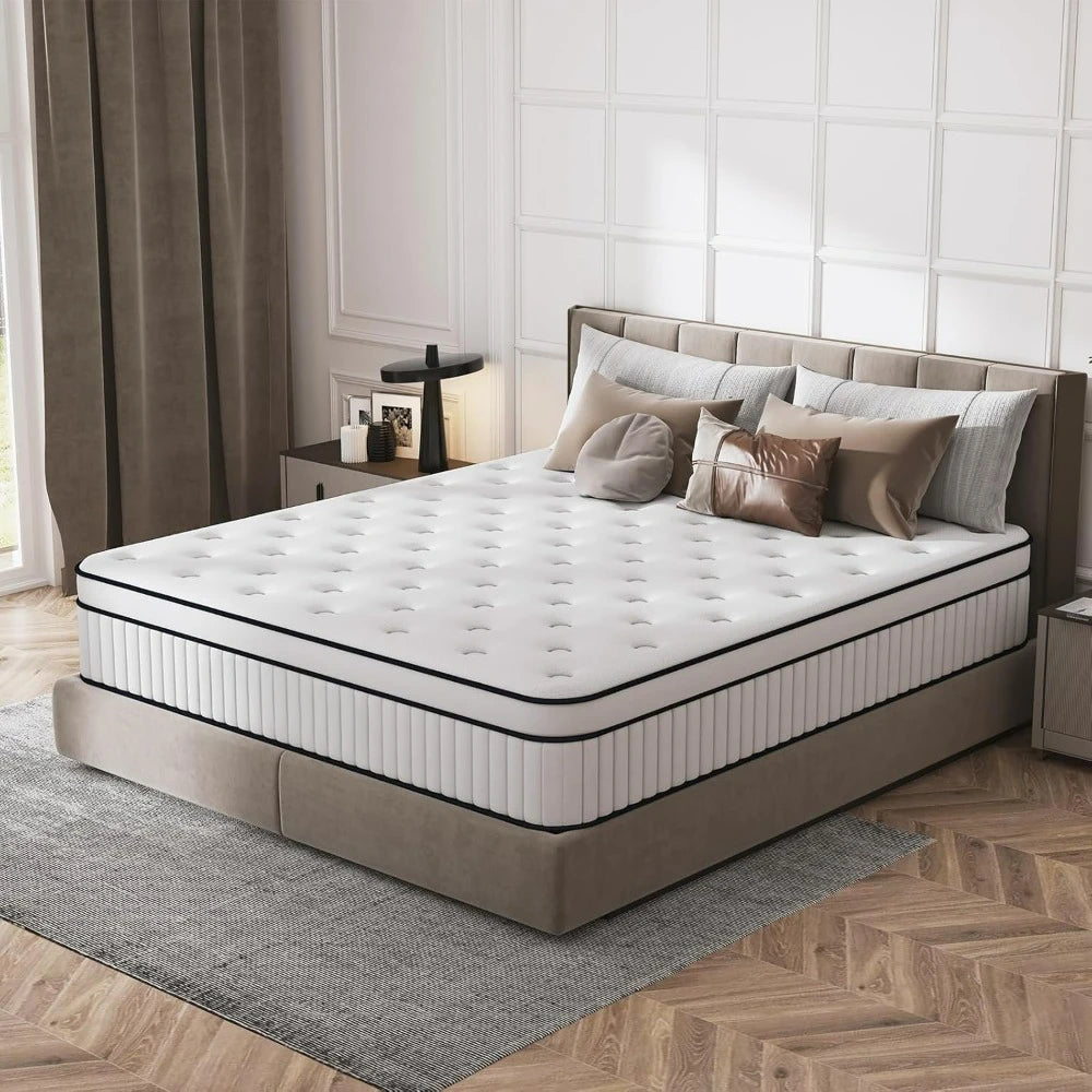 Bedroom Mattress, Hybrid Matterss in a Box with Pocket Spring & Soft Foam, Motion Isolation, Strong Edge Support, Medium Firm