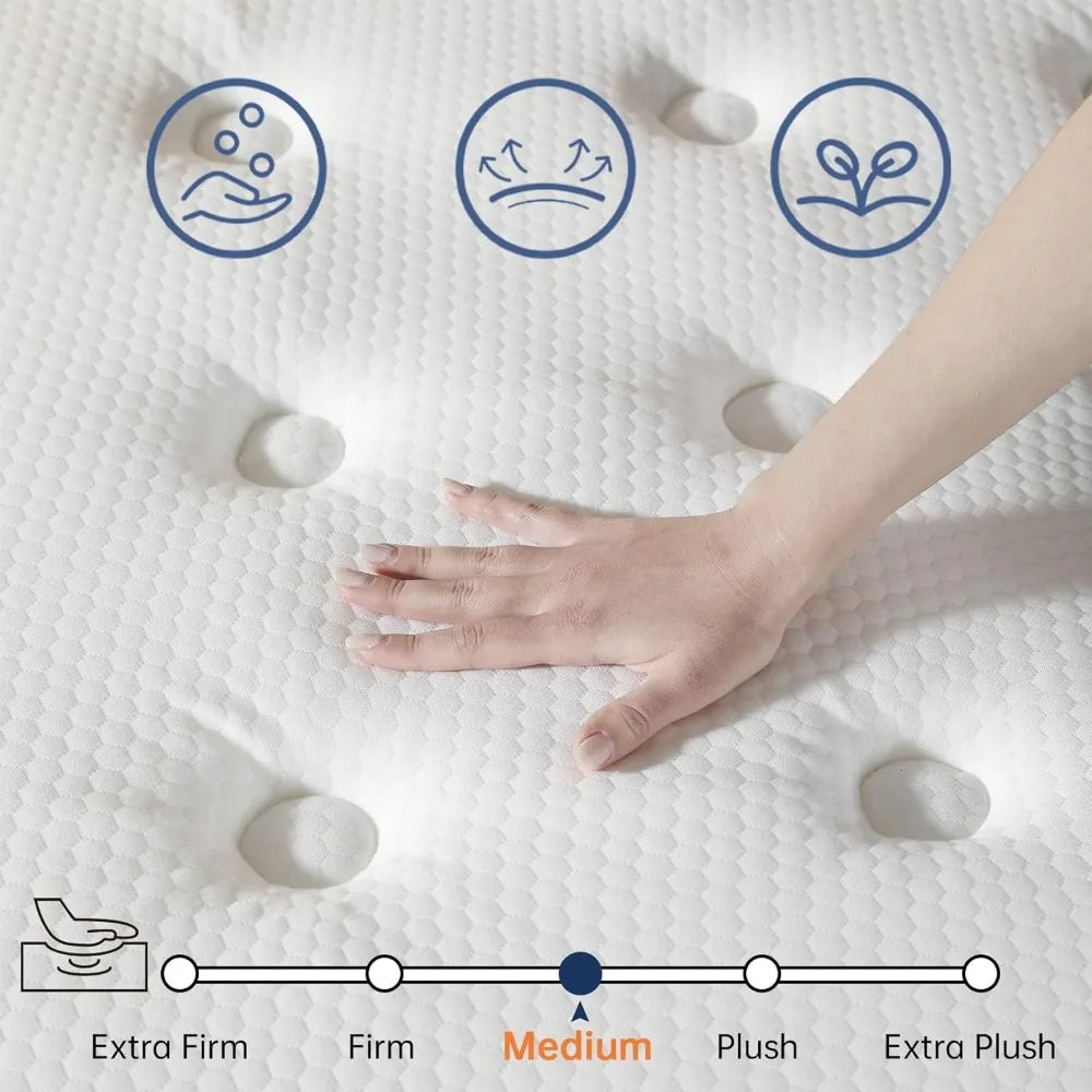 Bedroom Mattress, Hybrid Matterss in a Box with Pocket Spring & Soft Foam, Motion Isolation, Strong Edge Support, Medium Firm
