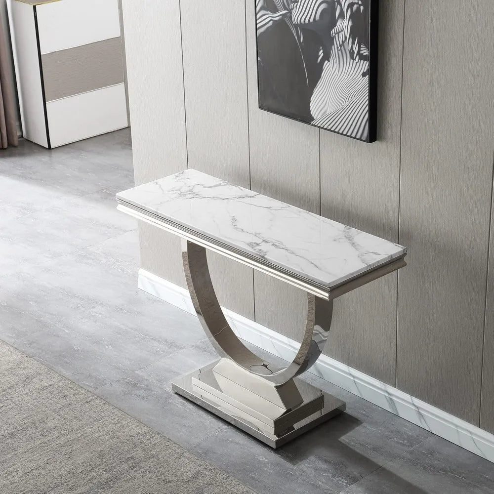 Modern Marble Console Table, Rectangular White and Silver Marble Sofa Table with U-Shape Stainless Steel Base with Silver Mirror