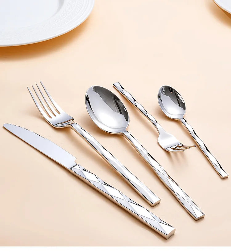 Diamond 3D Texture Luxury Stainless Steel Cutlery Set, Creativity Gift Set, Flatware Silver 304, Europe Fashion, Drop Shipping