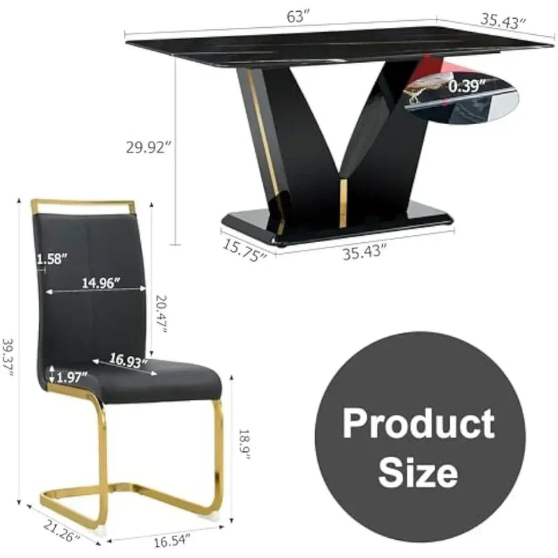 7 Pieces Modern Black Dining Table Set 63" Marble Table Chair PU Leather Chairs Rectangle Dining Room Table Set