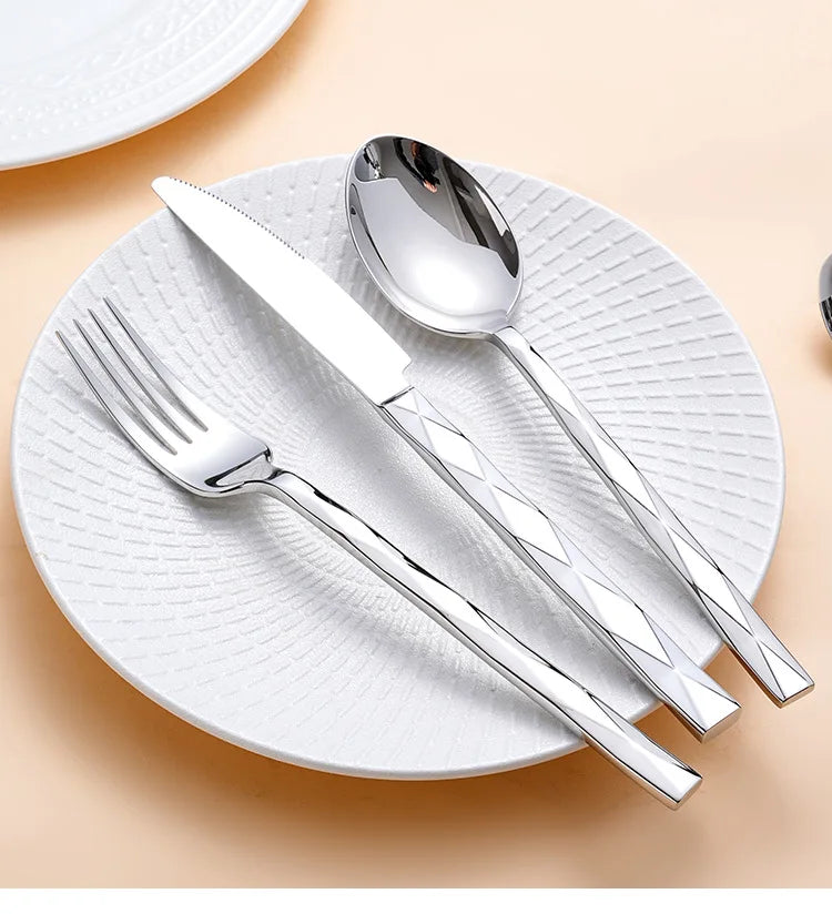 Diamond 3D Texture Luxury Stainless Steel Cutlery Set, Creativity Gift Set, Flatware Silver 304, Europe Fashion, Drop Shipping