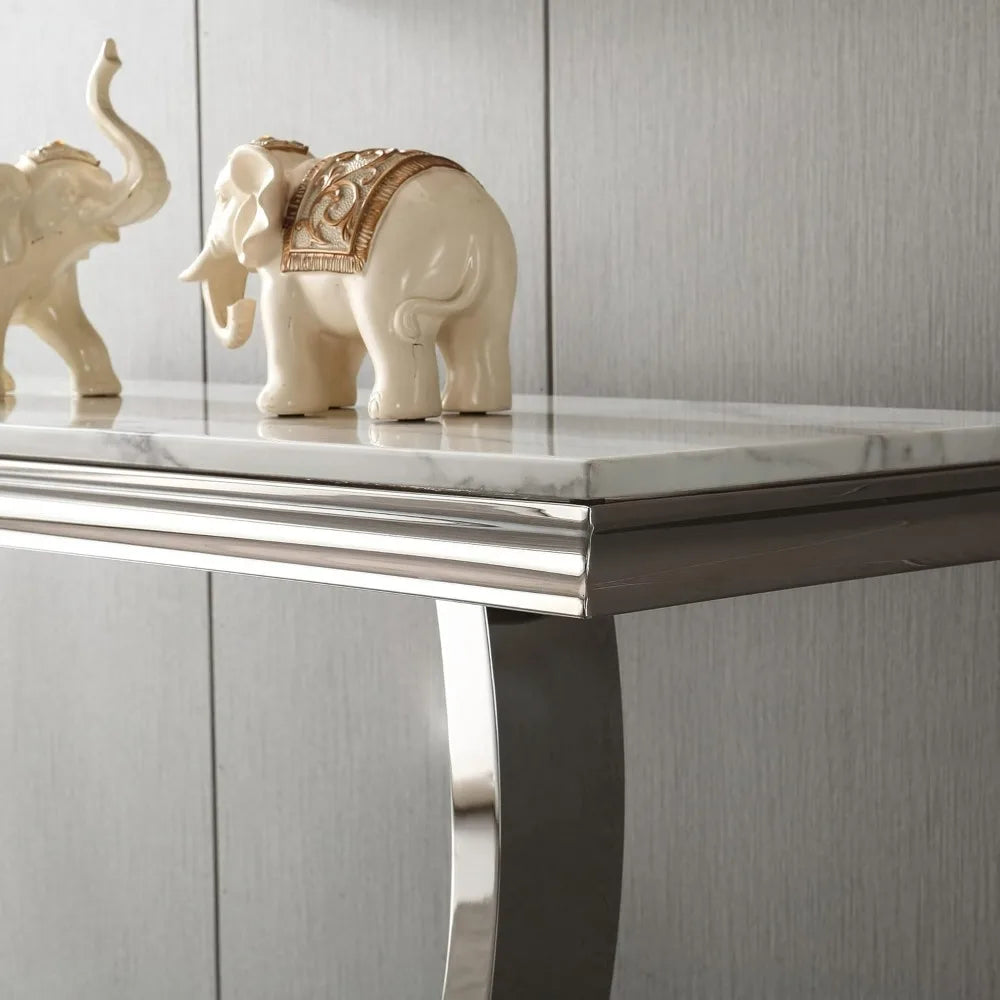 Modern Marble Console Table, Rectangular White and Silver Marble Sofa Table with U-Shape Stainless Steel Base with Silver Mirror
