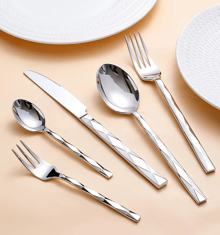 Diamond 3D Texture Luxury Stainless Steel Cutlery Set, Creativity Gift Set, Flatware Silver 304, Europe Fashion, Drop Shipping