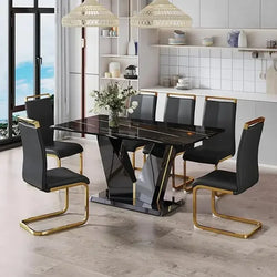 7 Pieces Modern Black Dining Table Set 63" Marble Table Chair PU Leather Chairs Rectangle Dining Room Table Set