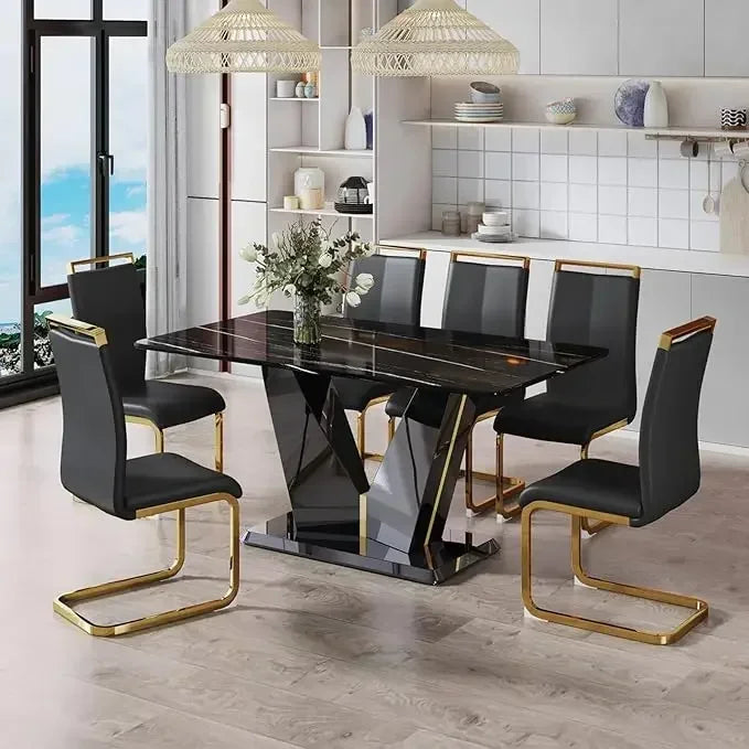 7 Pieces Modern Black Dining Table Set 63" Marble Table Chair PU Leather Chairs Rectangle Dining Room Table Set
