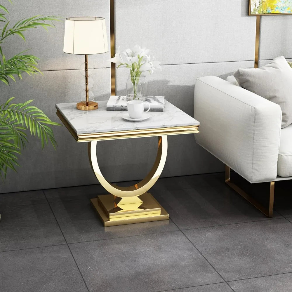 Modern Marble Console Table, Rectangular White and Silver Marble Sofa Table with U-Shape Stainless Steel Base with Silver Mirror