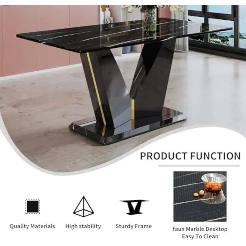 7 Pieces Modern Black Dining Table Set 63" Marble Table Chair PU Leather Chairs Rectangle Dining Room Table Set