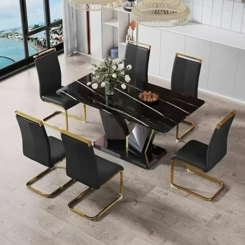 7 Pieces Modern Black Dining Table Set 63" Marble Table Chair PU Leather Chairs Rectangle Dining Room Table Set