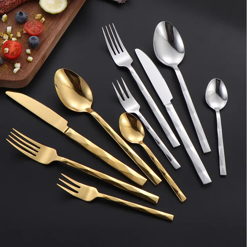 Diamond 3D Texture Luxury Stainless Steel Cutlery Set, Creativity Gift Set, Flatware Silver 304, Europe Fashion, Drop Shipping