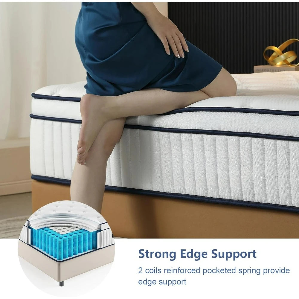 Bedroom Mattress, Hybrid Matterss in a Box with Pocket Spring & Soft Foam, Motion Isolation, Strong Edge Support, Medium Firm