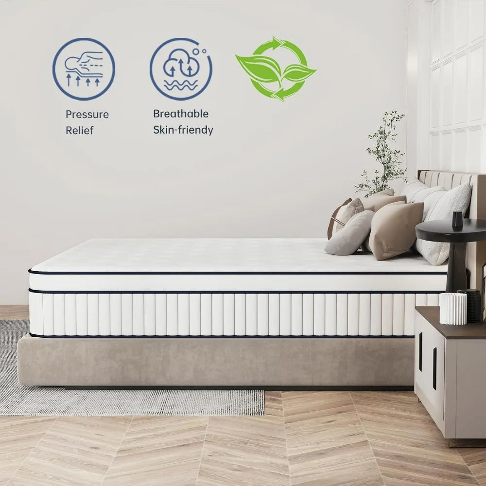Bedroom Mattress, Hybrid Matterss in a Box with Pocket Spring & Soft Foam, Motion Isolation, Strong Edge Support, Medium Firm