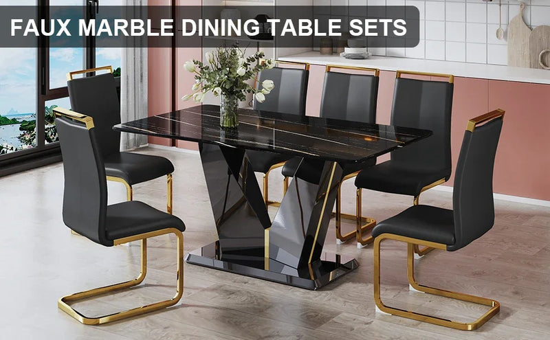 7 Pieces Modern Black Dining Table Set 63" Marble Table Chair PU Leather Chairs Rectangle Dining Room Table Set