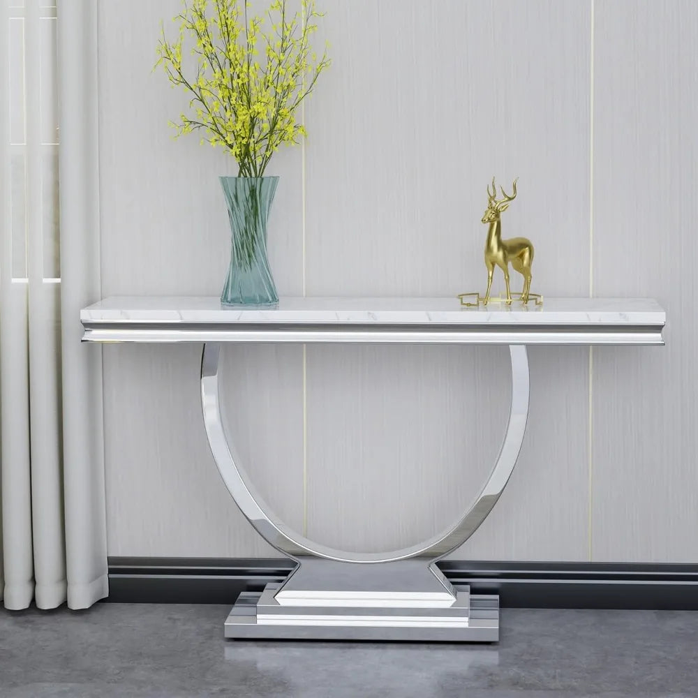 Modern Marble Console Table, Rectangular White and Silver Marble Sofa Table with U-Shape Stainless Steel Base with Silver Mirror