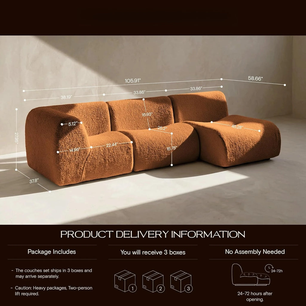 Sectional Sofa with Chaise, Boneless 3 Seater Modular Couch, Reversible L-Shaped Couches with Deep Seat,, Customized