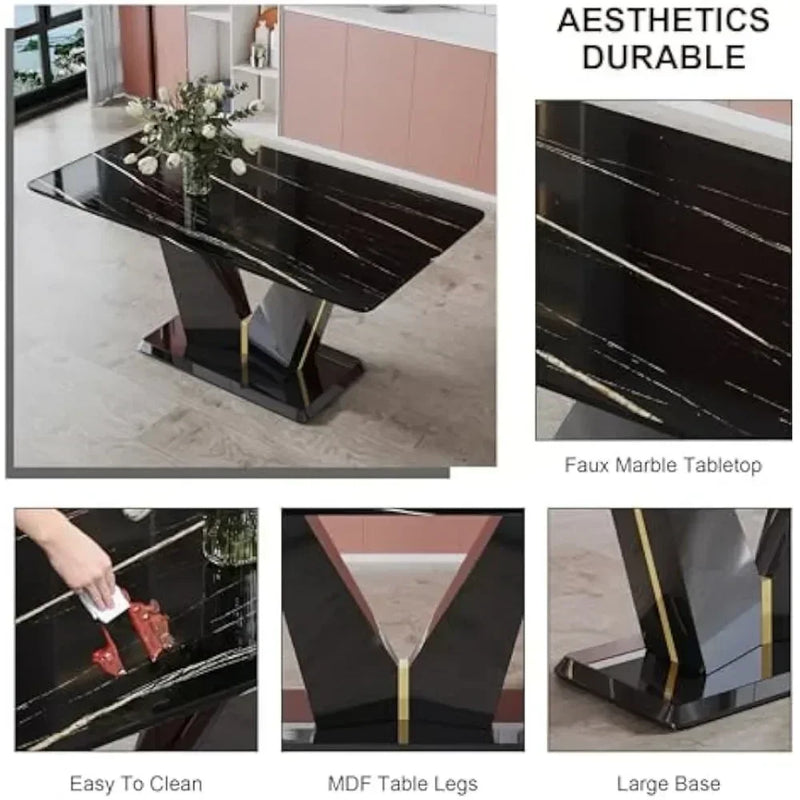 7 Pieces Modern Black Dining Table Set 63" Marble Table Chair PU Leather Chairs Rectangle Dining Room Table Set