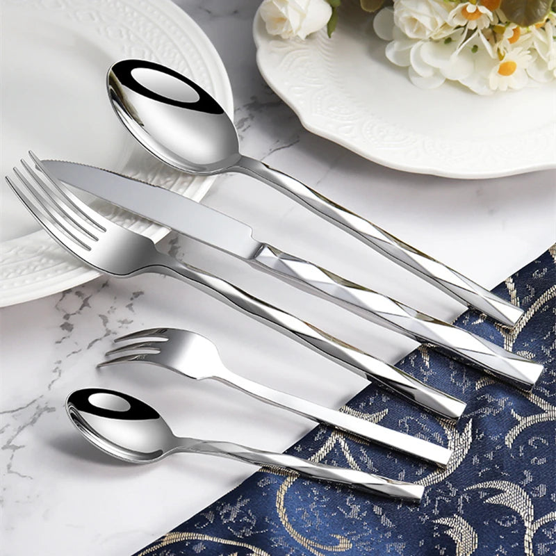 Diamond 3D Texture Luxury Stainless Steel Cutlery Set, Creativity Gift Set, Flatware Silver 304, Europe Fashion, Drop Shipping