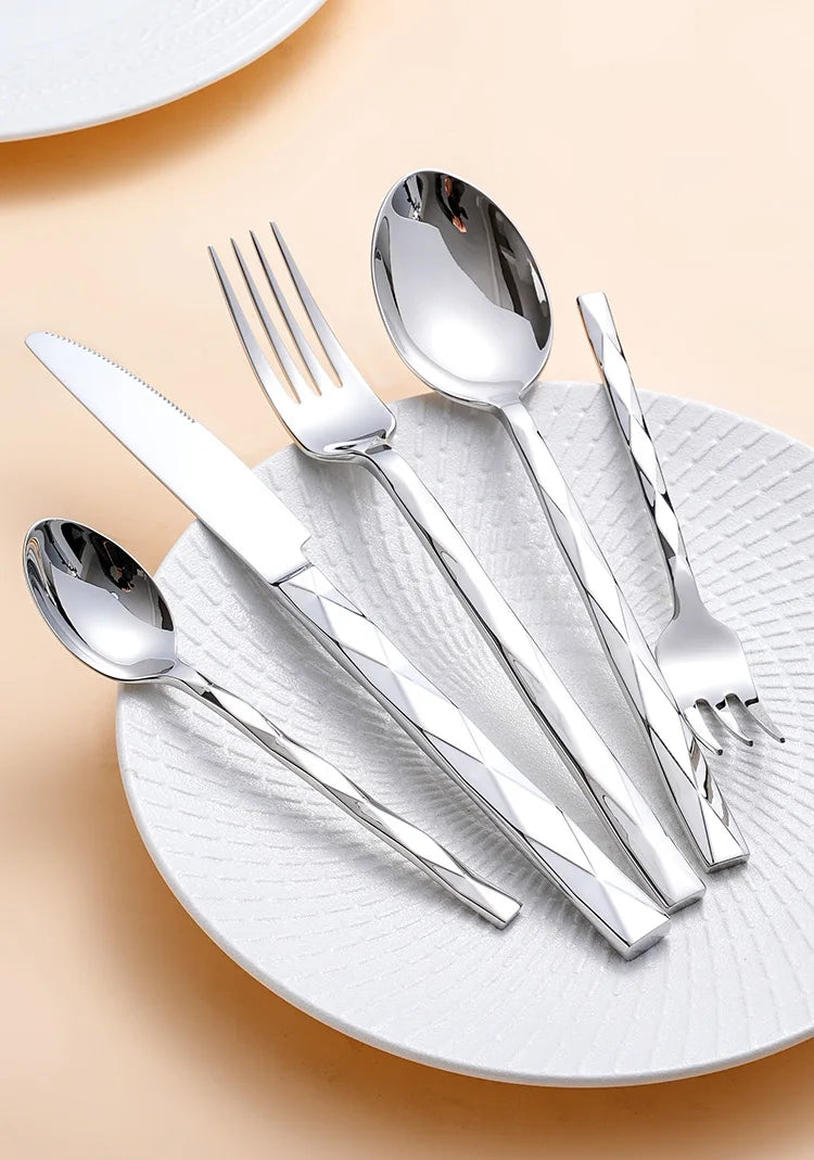 Diamond 3D Texture Luxury Stainless Steel Cutlery Set, Creativity Gift Set, Flatware Silver 304, Europe Fashion, Drop Shipping