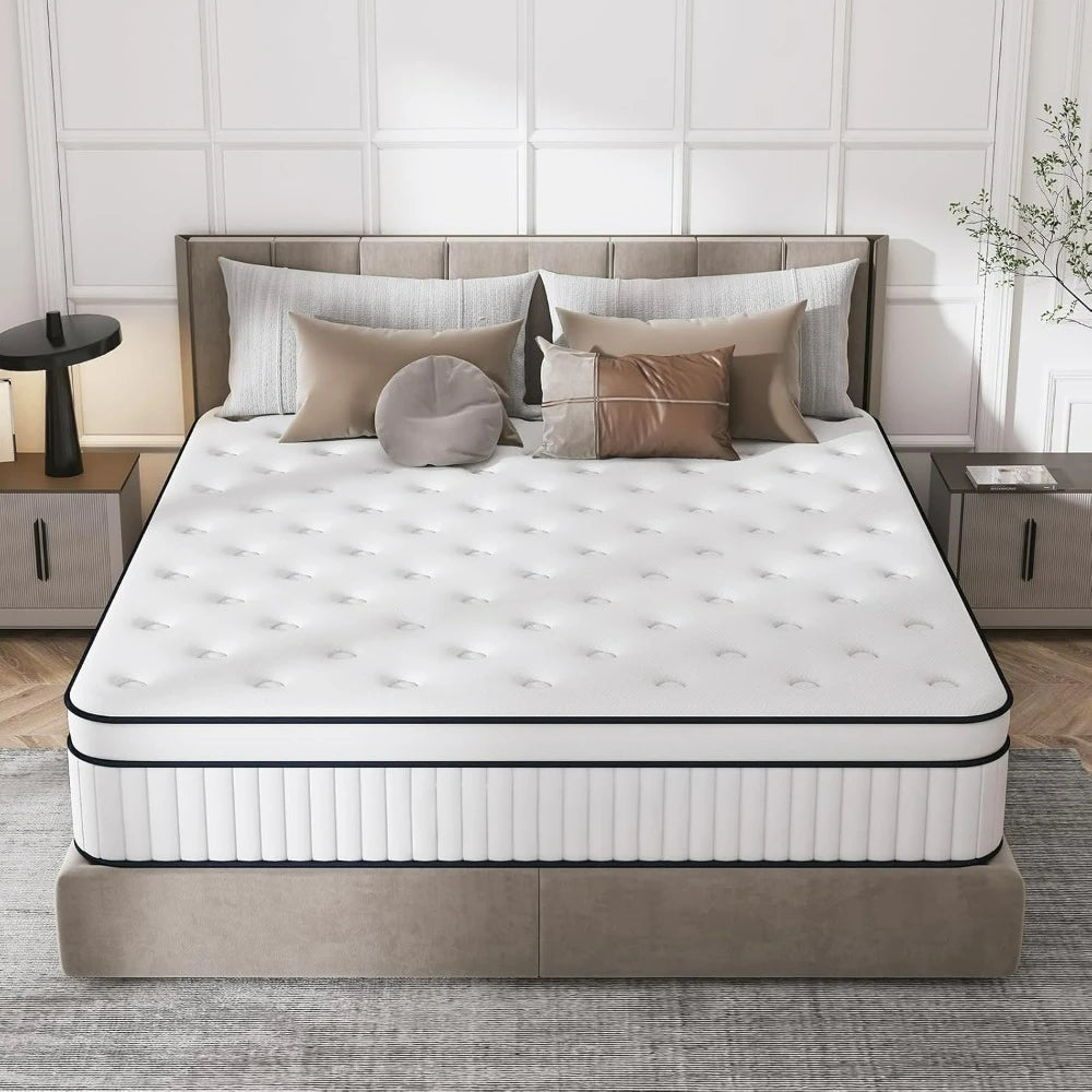 Bedroom Mattress, Hybrid Matterss in a Box with Pocket Spring & Soft Foam, Motion Isolation, Strong Edge Support, Medium Firm