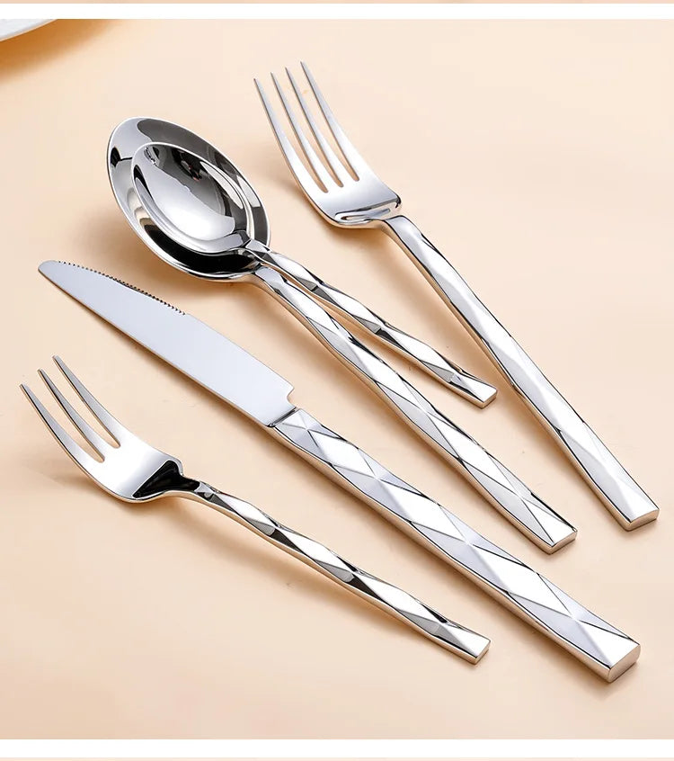Diamond 3D Texture Luxury Stainless Steel Cutlery Set, Creativity Gift Set, Flatware Silver 304, Europe Fashion, Drop Shipping