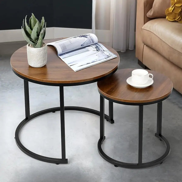 Round Wood Accent Side Coffee Table Set