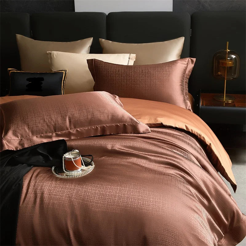 Luxury 100S Egyptian Cotton Jacquard Bedding Set Silky Satin Texture Duvet Cover Set Pillowcases Hotel Grade Soft Bed Linen 4Pcs