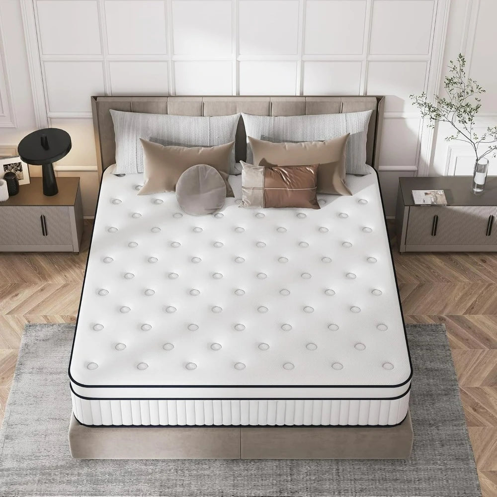 Bedroom Mattress, Hybrid Matterss in a Box with Pocket Spring & Soft Foam, Motion Isolation, Strong Edge Support, Medium Firm