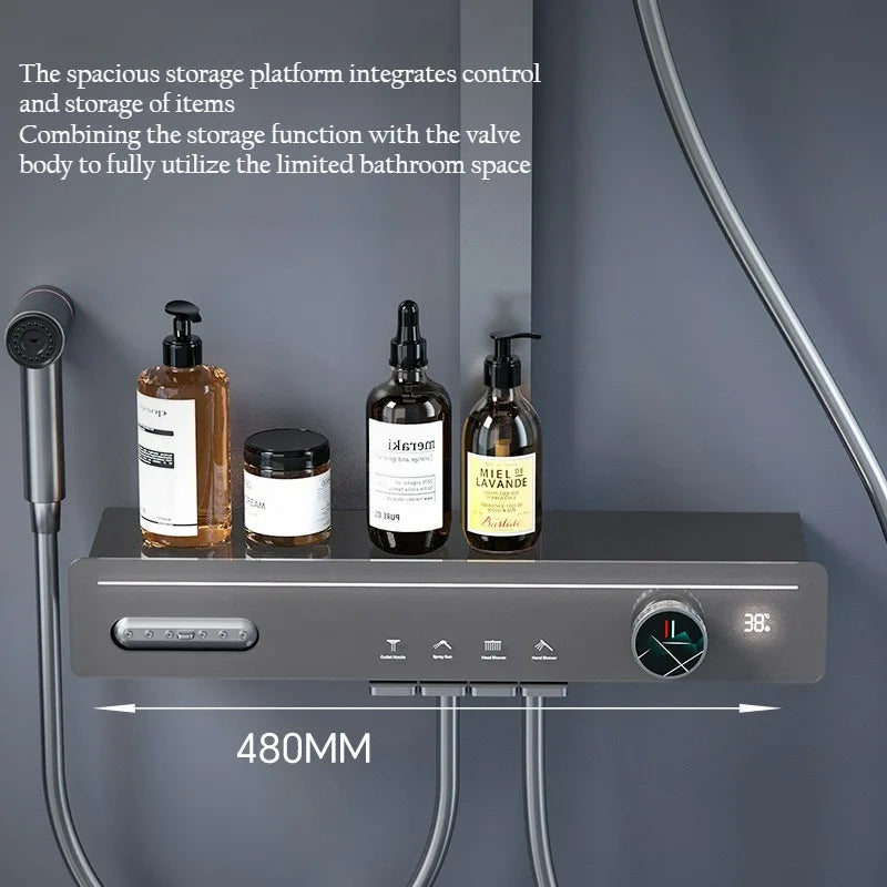 With Waist Spray Shower System Set MultiFunction Smart Digital DisplayRefined CopperAmbient Lighting Pressurize Shower Set