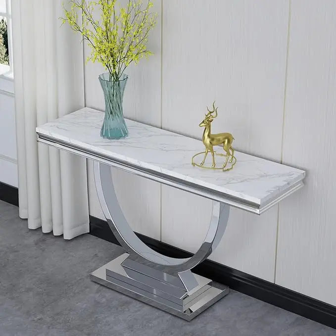 Modern Marble Console Table, Rectangular White and Silver Marble Sofa Table with U-Shape Stainless Steel Base with Silver Mirror