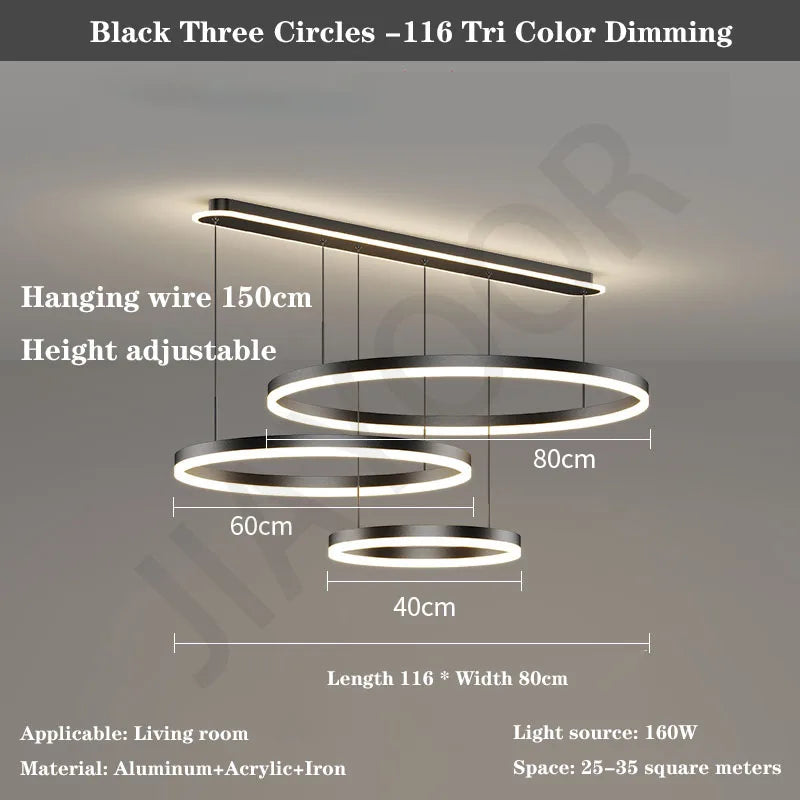 Modern Led Ring Chandelier Dimmable Black Gold Minimalist Decor for Table Dining Living Room Pendant Lamps Home Hanging Lighting