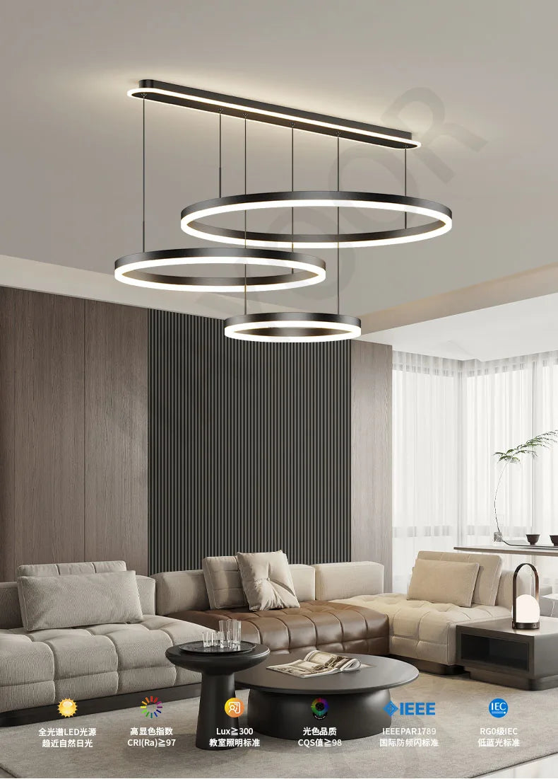 Modern Led Ring Chandelier Dimmable Black Gold Minimalist Decor for Table Dining Living Room Pendant Lamps Home Hanging Lighting