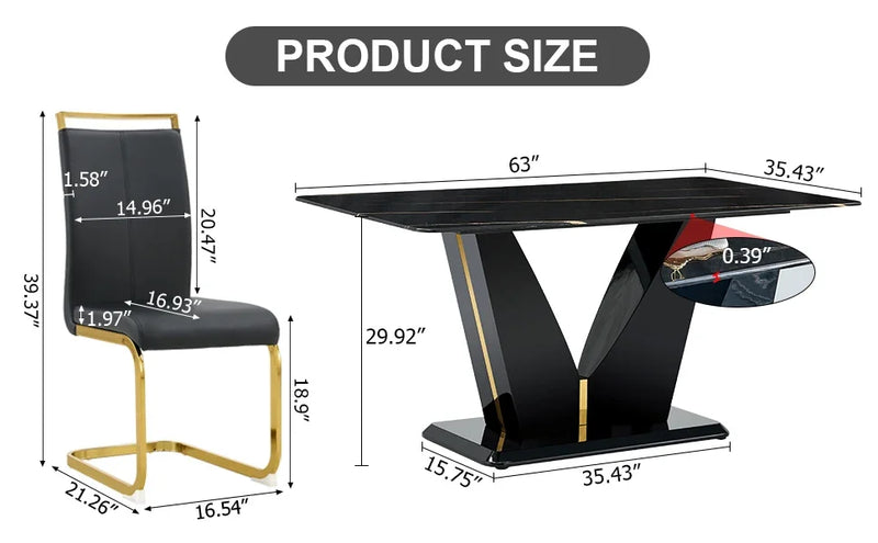 7 Pieces Modern Black Dining Table Set 63" Marble Table Chair PU Leather Chairs Rectangle Dining Room Table Set