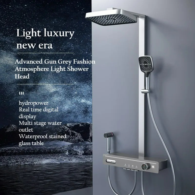 With Waist Spray Shower System Set MultiFunction Smart Digital DisplayRefined CopperAmbient Lighting Pressurize Shower Set