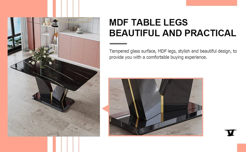 7 Pieces Modern Black Dining Table Set 63" Marble Table Chair PU Leather Chairs Rectangle Dining Room Table Set