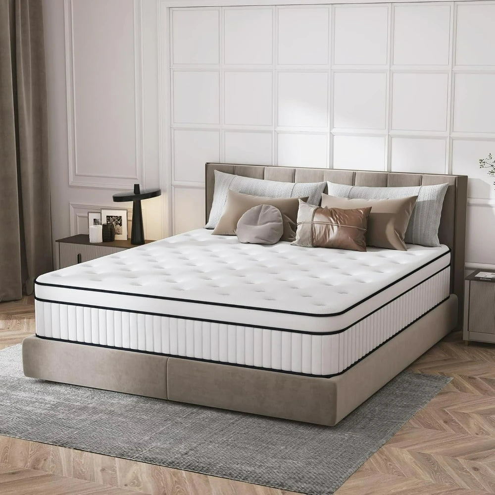 Bedroom Mattress, Hybrid Matterss in a Box with Pocket Spring & Soft Foam, Motion Isolation, Strong Edge Support, Medium Firm