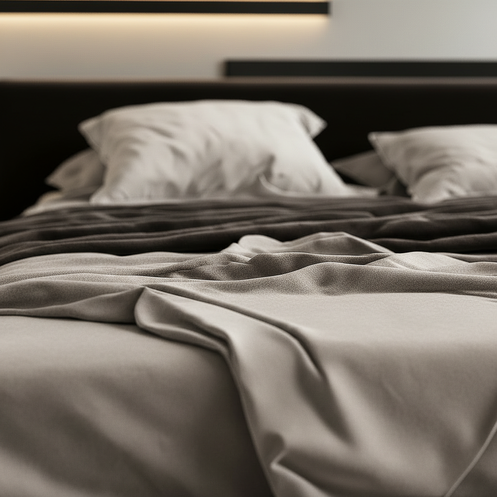 Bed grey satin bedding macro