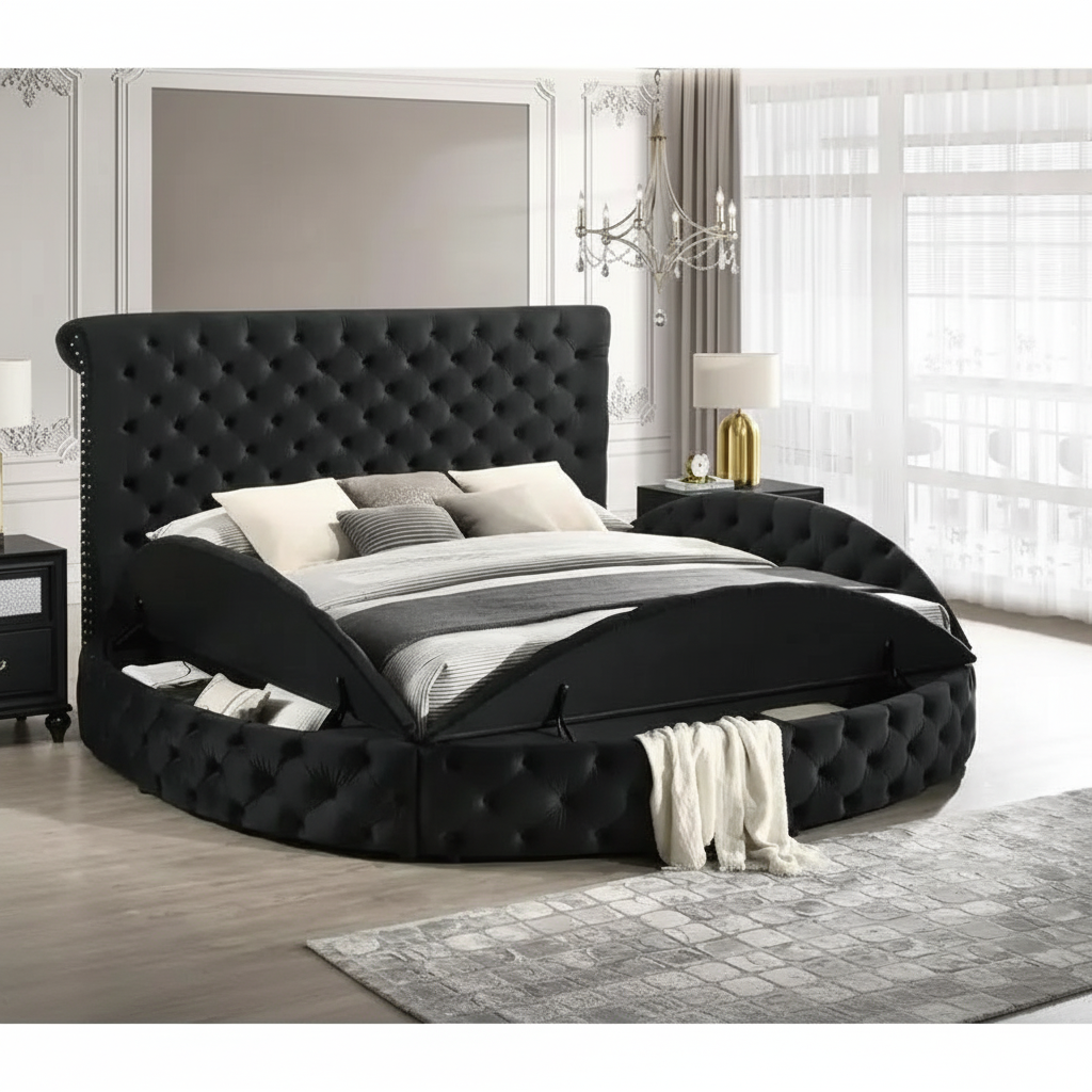 Black tufted round bed 45 perspective