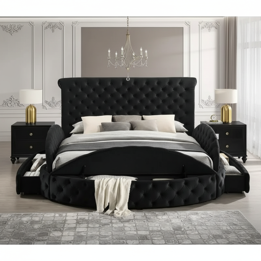 Black tufted round bed front view