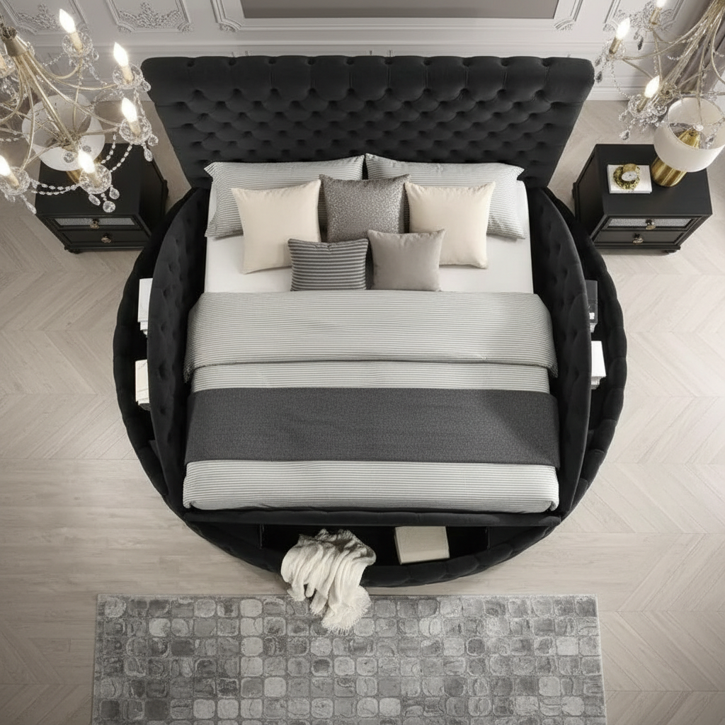 Black tufted round bed overhead view