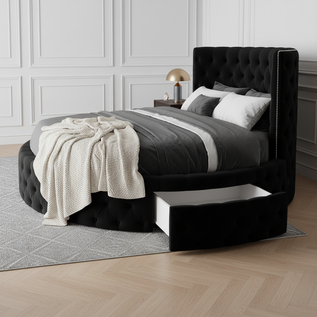 Black tufted round bed side profile