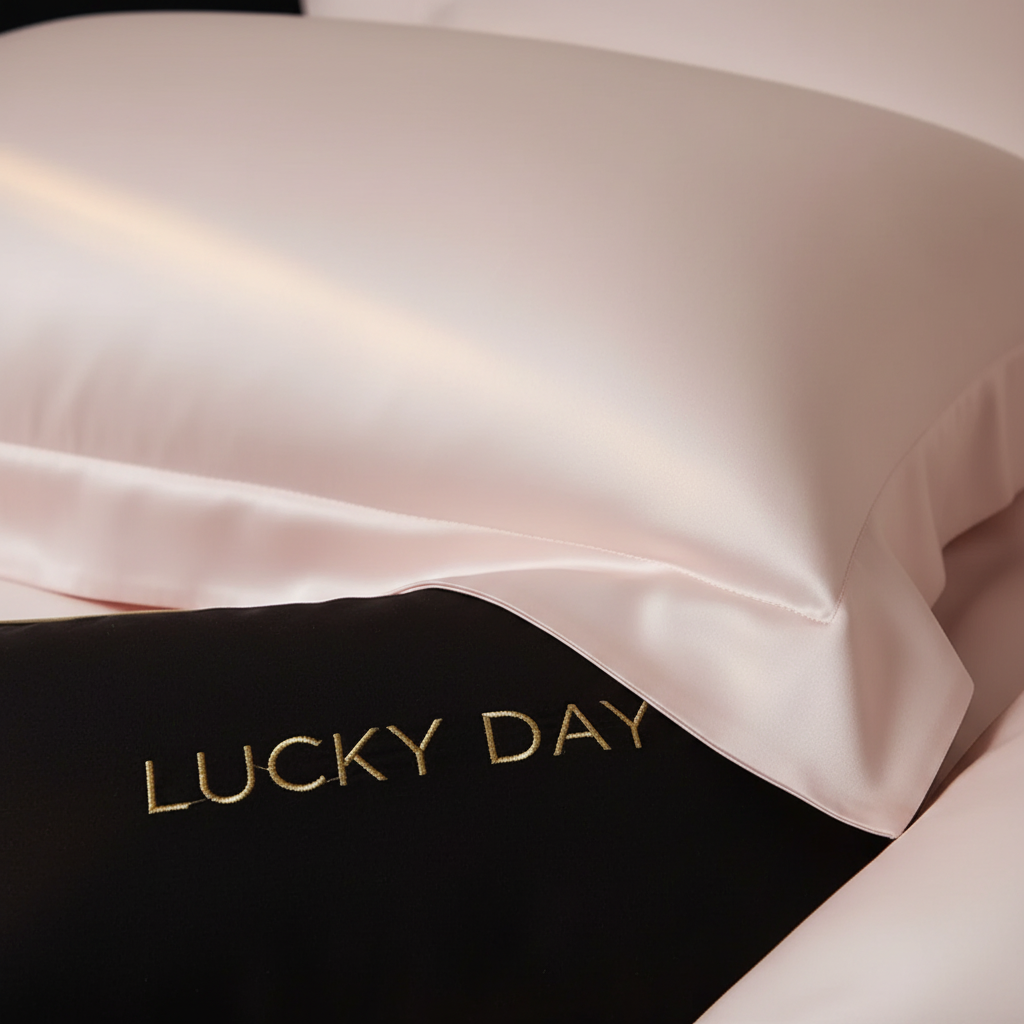 Blush Pink Satin Bedding – Fabric & Lucky Day Embroidery Close-Up