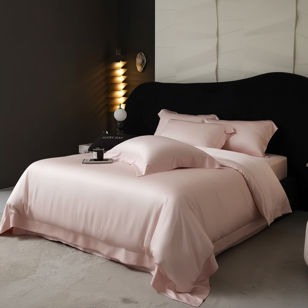Blush Pink Satin Bedding – Front Right Diagonal