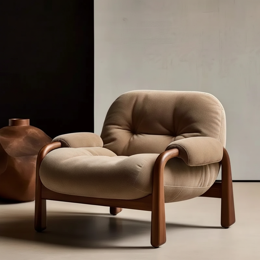 Bouclé Walnut Chair – Front Left Diagonal