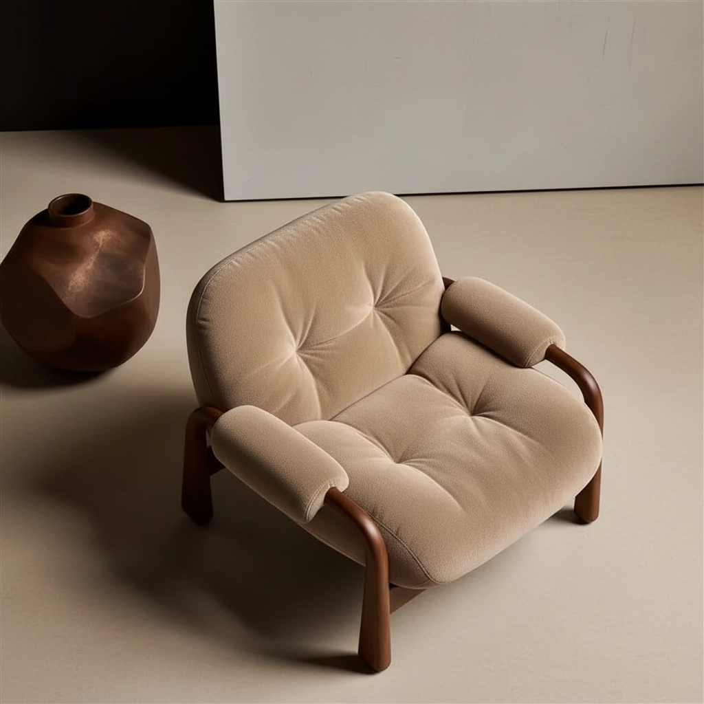 Bouclé Walnut Chair – Overhead Diagonal