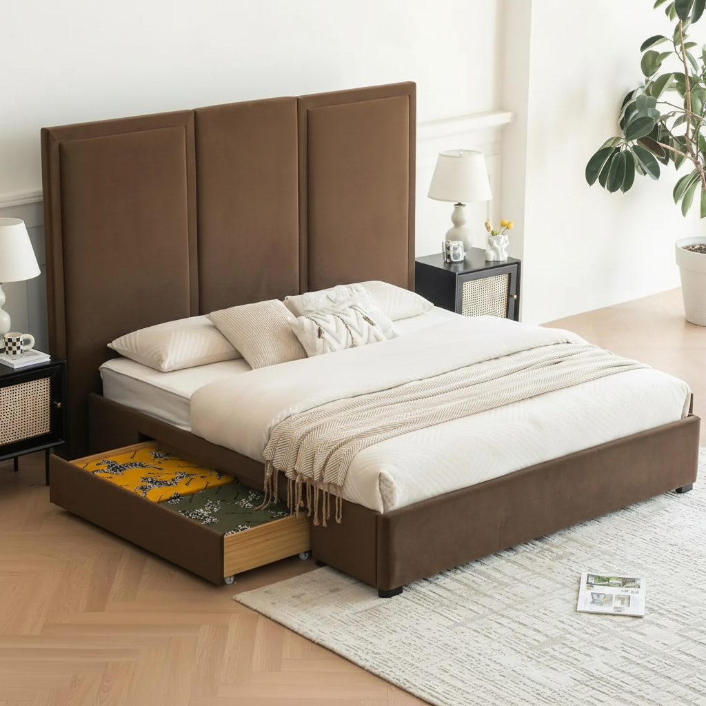 Brown Velvet Tall Panel Bed Hero