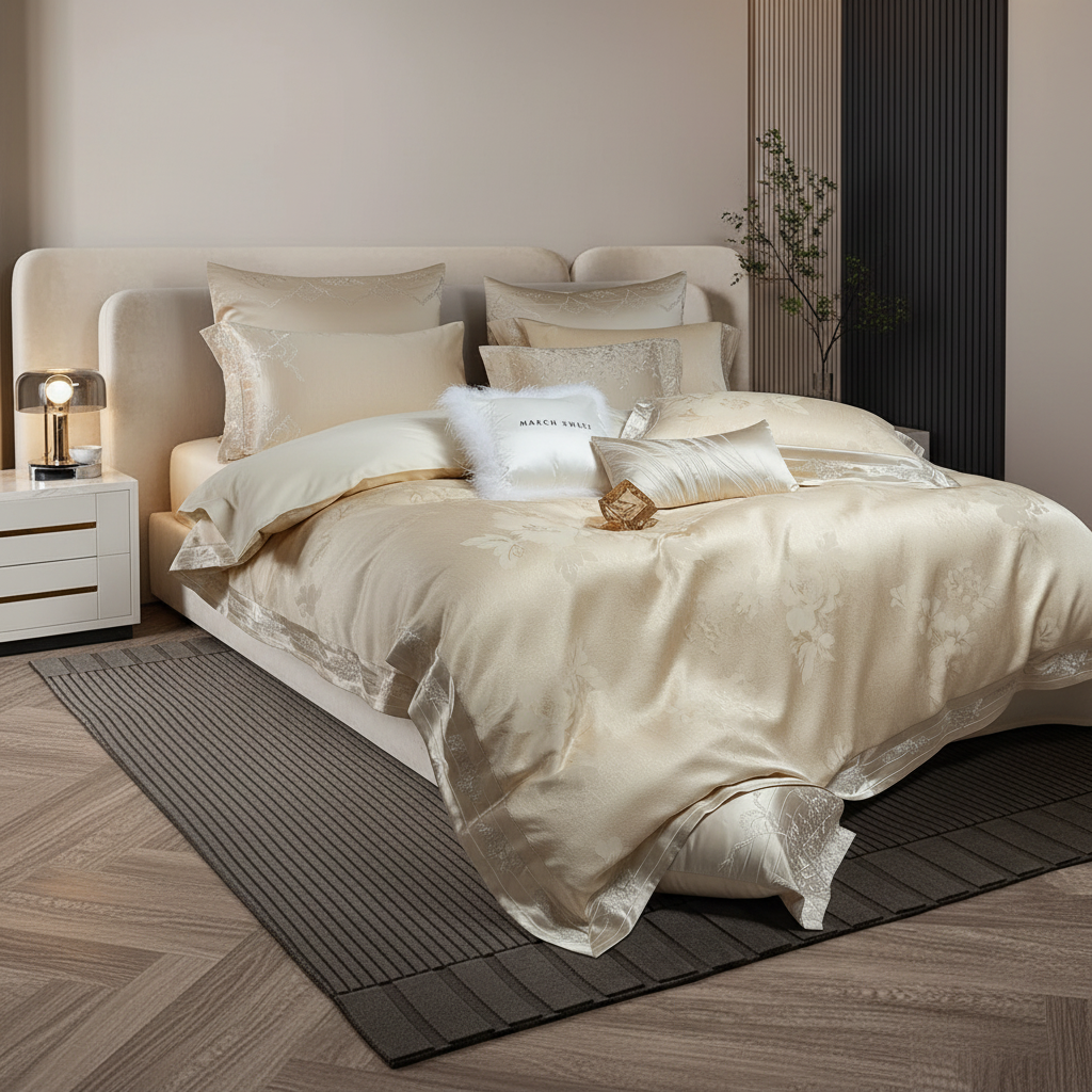 Champagne Jacquard Bedding – Front Left Diagonal