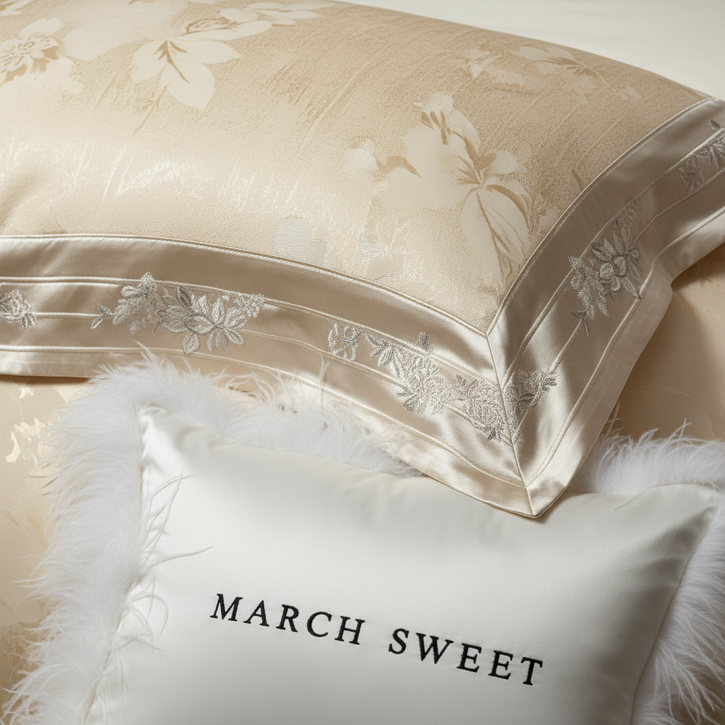 Champagne Jacquard Bedding – Jacquard Weave & March Sweet Pillow Close-Up